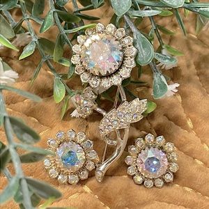 Vintage Signed Brooch and Earrings Crystal Set